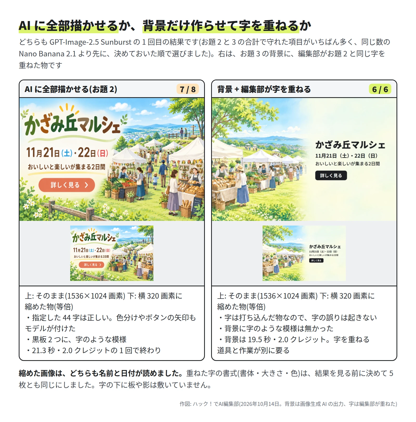 左は GPT-Image-2.5 Sunburst が字まで描いたバナー(7 / 8)。字は色分けされ、ボタンに矢印がある。黒板 2 つに字のような模様。右は同じモデルの背景に、編集部が黒い字とボタンを重ねたバナー(6 / 6)。どちらも、縮めた画像で名前と日付が読めた