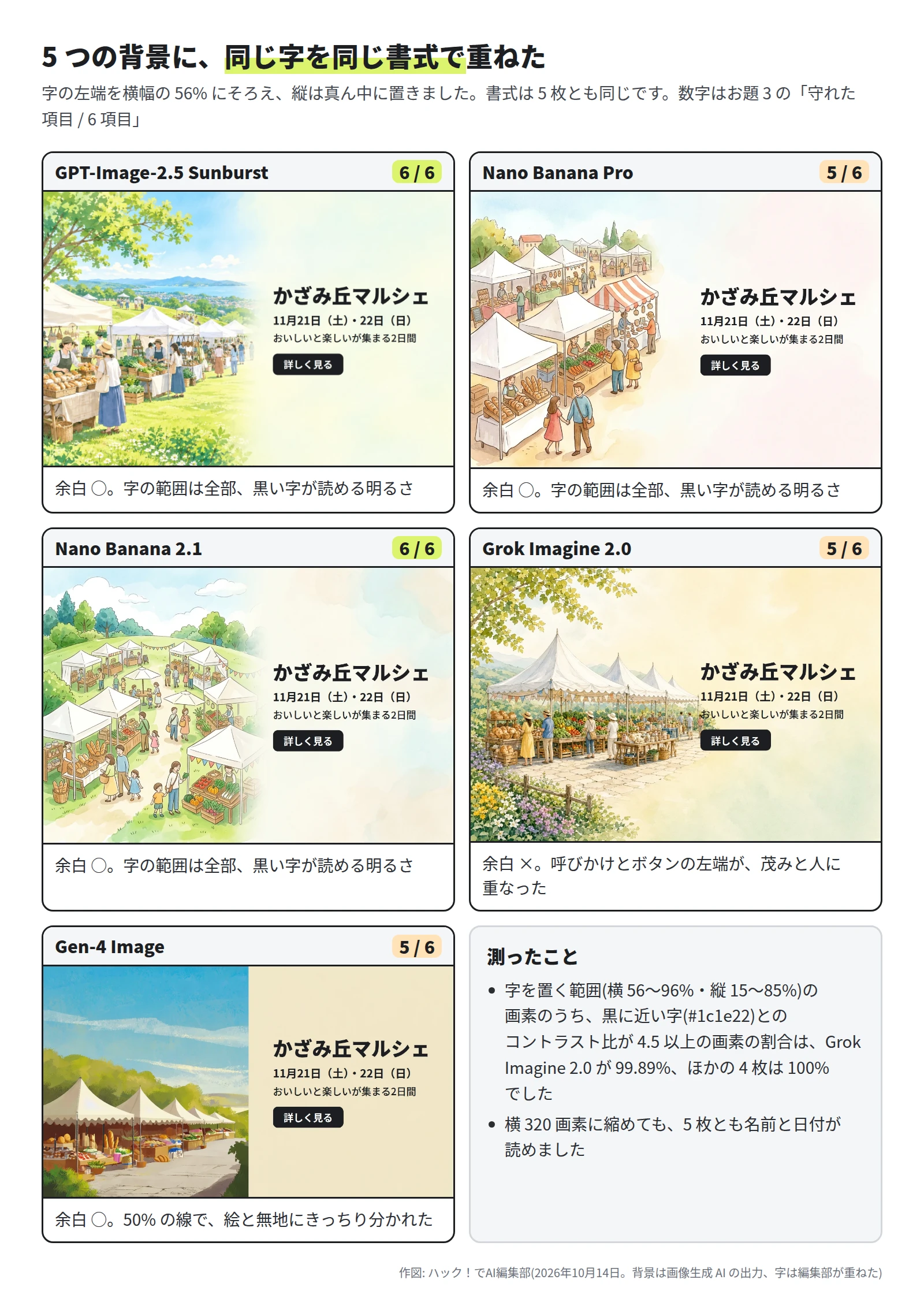 5 つの背景の右側に「かざみ丘マルシェ」「11月21日(土)・22日(日)」「おいしいと楽しいが集まる2日間」と黒いボタン「詳しく見る」を重ねた図。Grok Imagine 2.0 だけは、呼びかけとボタンの左端が茂みと人に重なった
