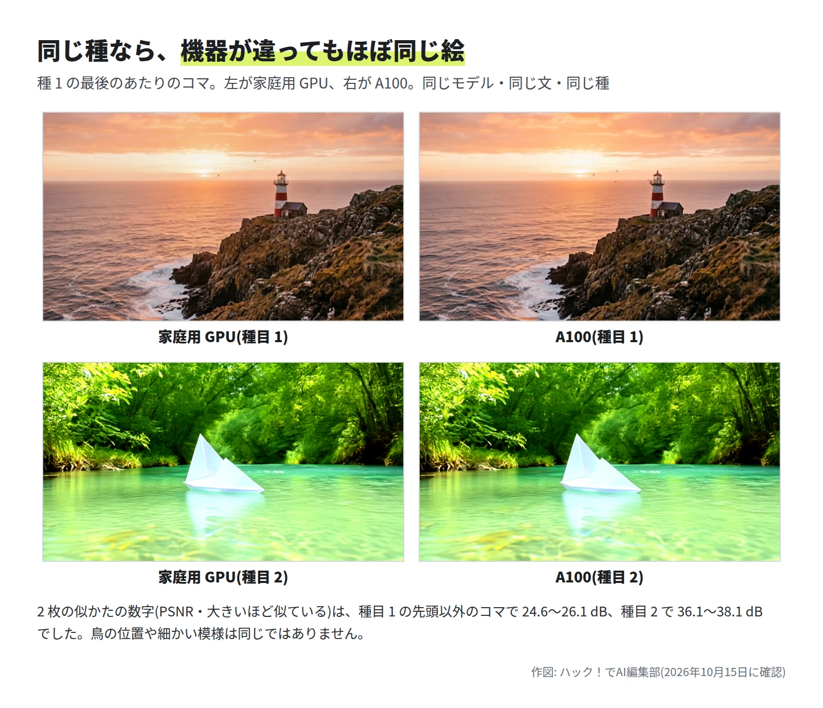 夕日の灯台のコマが 2 枚、紙の舟が浮かぶ緑の川のコマが 2 枚。左右で構図・色はほぼ同じ
