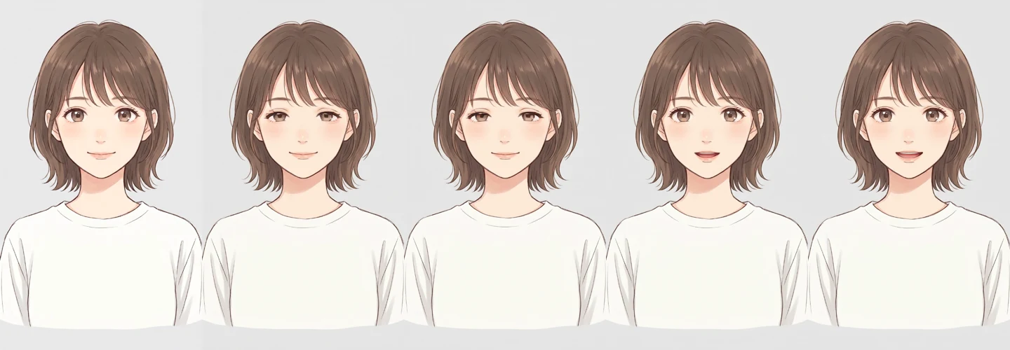 短い茶色の髪の架空のイラストの女性の顔が 5 枚。左の 3 枚は口を閉じて微笑み、右の 2 枚は口を開けている
