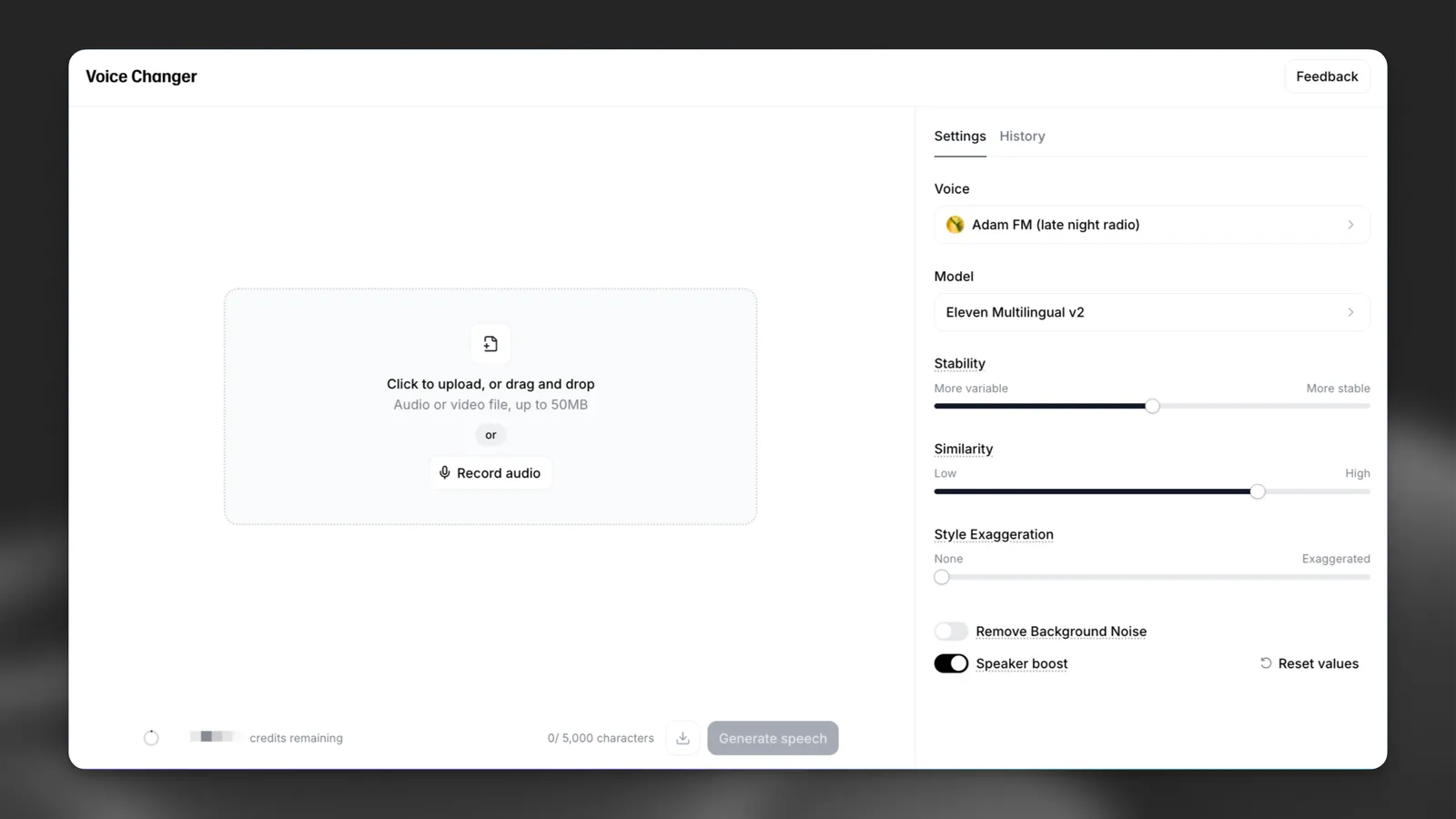 Voice Changer の画面。左に Click to upload, or drag and drop、Audio or video file, up to 50MB、Record audio。右に Voice、Model(Eleven Multilingual v2)、Stability、Similarity、Style Exaggeration、Remove Background Noise、Speaker boost。下に Generate speech のボタン